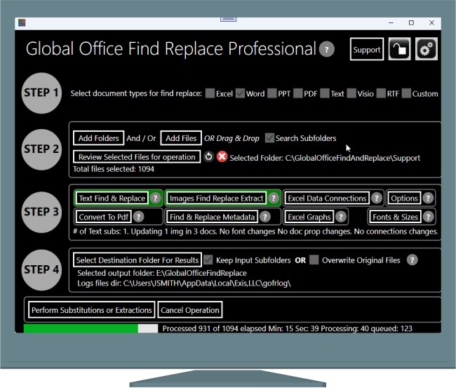 Main screen for global office find and replace